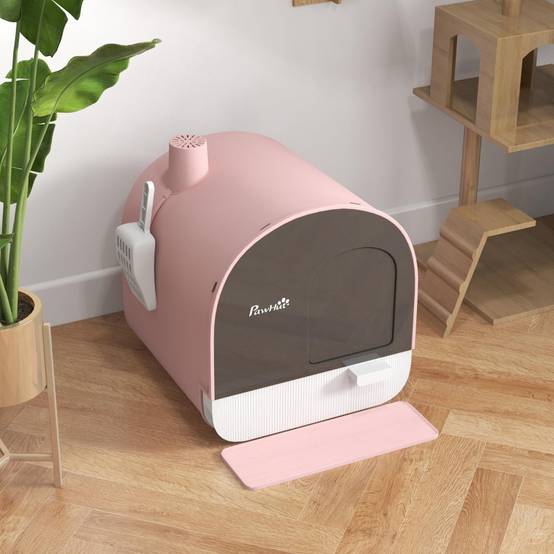 Maison de toilette pour chat intérieur 43 x 44 x 47 cm plastique rose noir - PANGIVO - Image 8