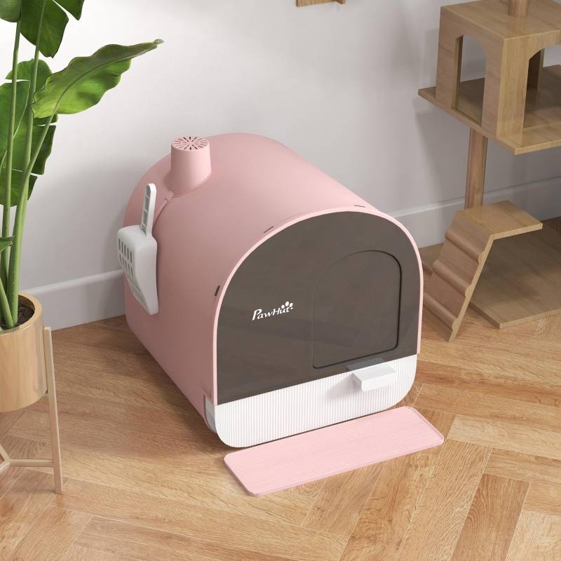 Maison de toilette pour chat intérieur 43 x 44 x 47 cm plastique rose noir - PANGIVO - Image 8