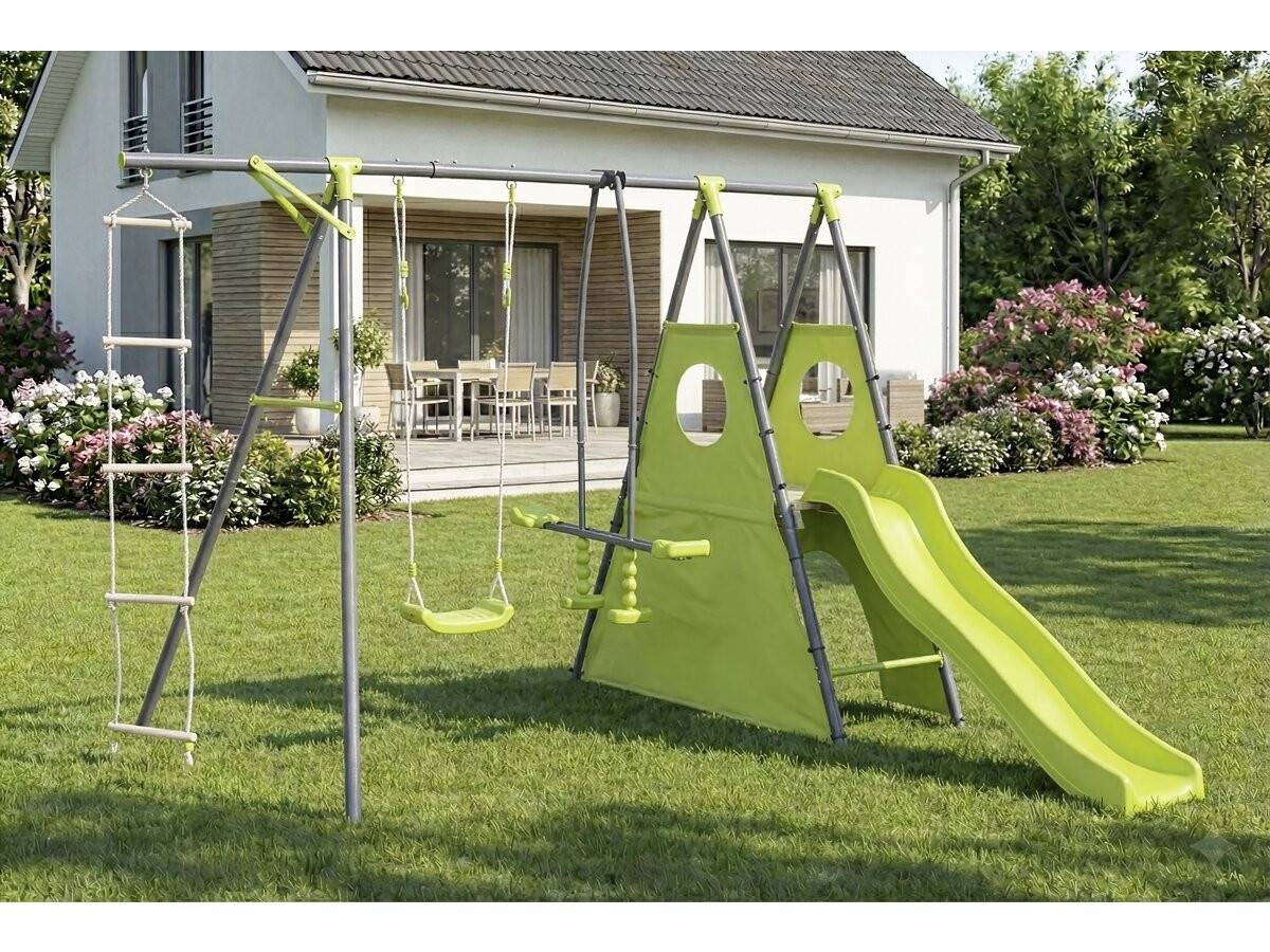 Habitat Et Jardin - Portique De Jeu Métal Avec Toboggan "dany"- 5 Agrès - Vert -habitat Et Jardin - Image 2
