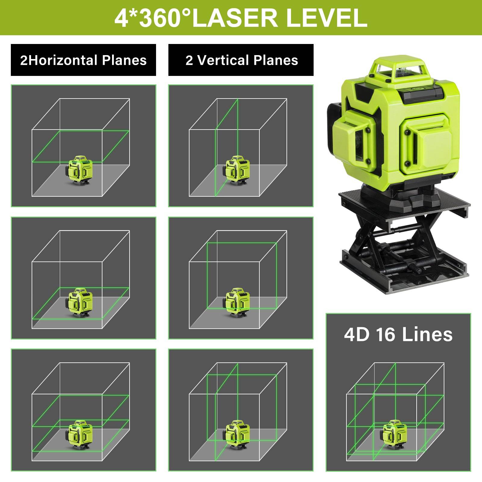 Niveau laser 4 x 360°, avec 16 lignes laser vertes 4D horizontales et verticales, 2 piles 2400 mAh, télécommande - Image 3