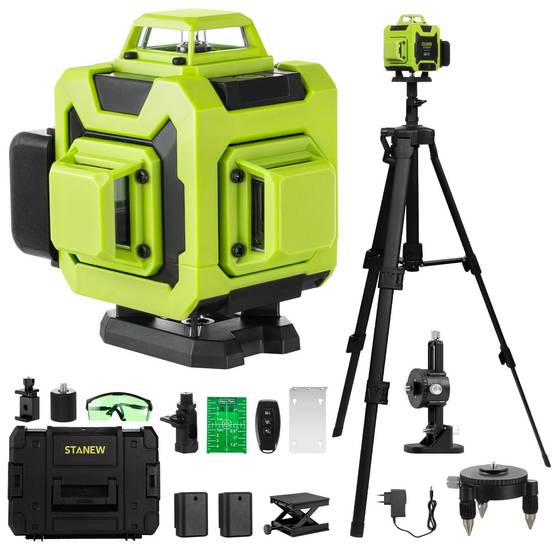 Niveau laser 4 x 360°, avec 16 lignes laser vertes 4D horizontales et verticales, 2 piles 2400 mAh, télécommande - Image 1