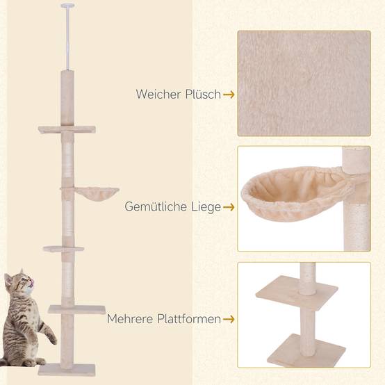 Arbre à chat de plafond, hauteur réglable de 230 à 260 cm, stable, beige. - Image 5