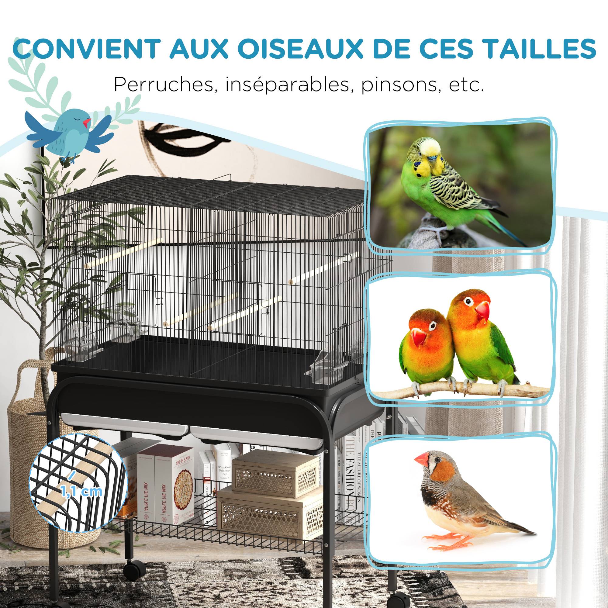 Grande cage oiseaux perroquet acier séparation espace support roulettes 119cm noir - ComfortXL Outdoor Living - Image 8