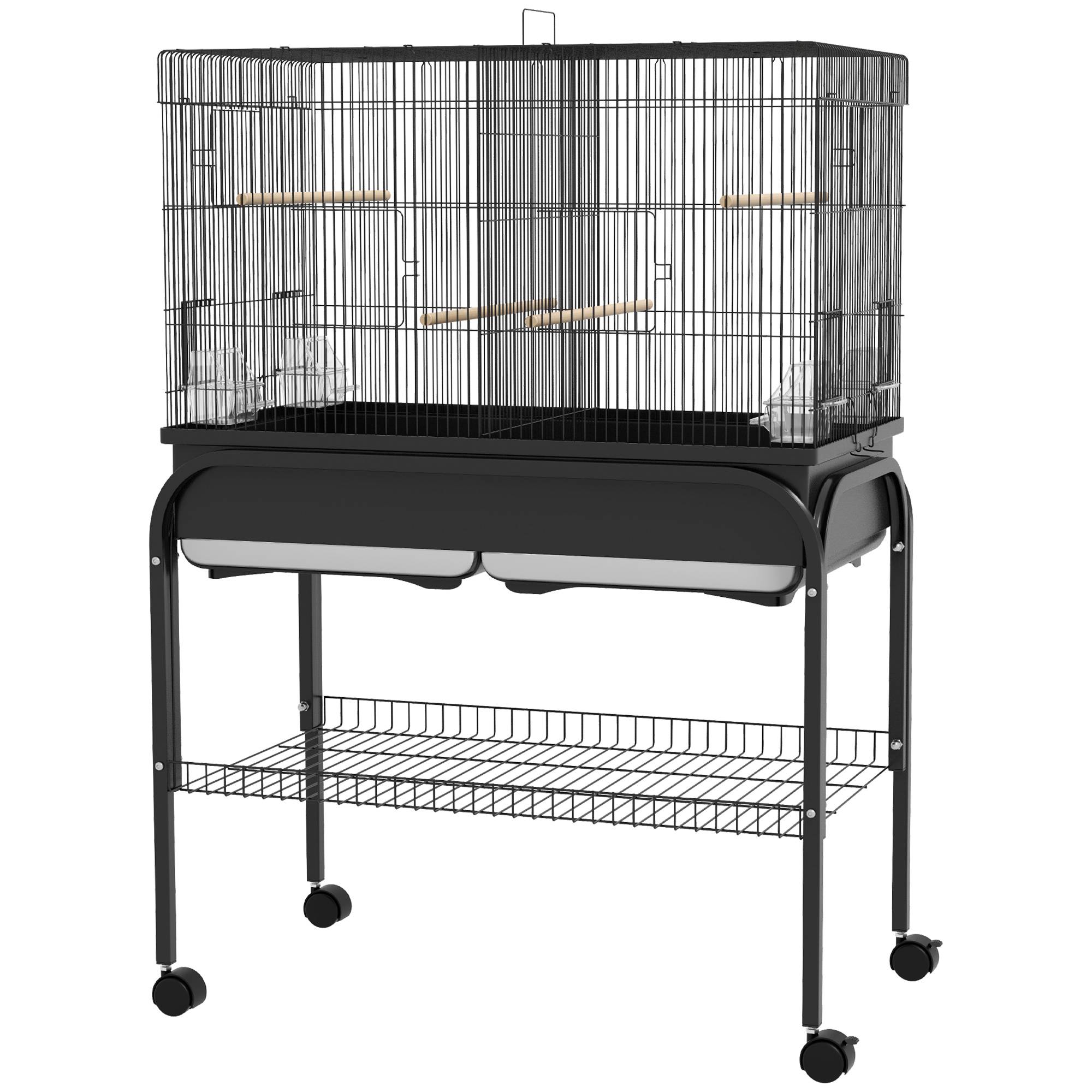 Grande cage oiseaux perroquet acier séparation espace support roulettes 119cm noir - ComfortXL Outdoor Living - Image 2