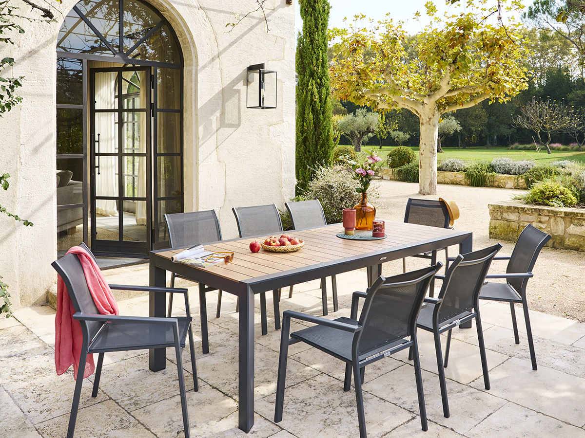 Hesperide - Table de jardin rectangulaire alu Evasion 8 places effet bois Honey Graphite + 8 fauteuils Piazza - Hespéride - Image 6