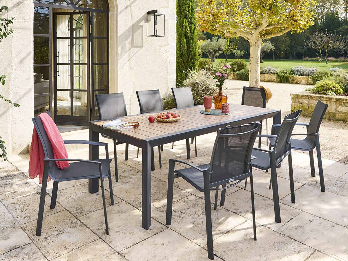 Hesperide - Table de jardin rectangulaire alu Evasion 8 places effet bois Honey Graphite + 8 fauteuils Piazza - Hespéride - Image 2