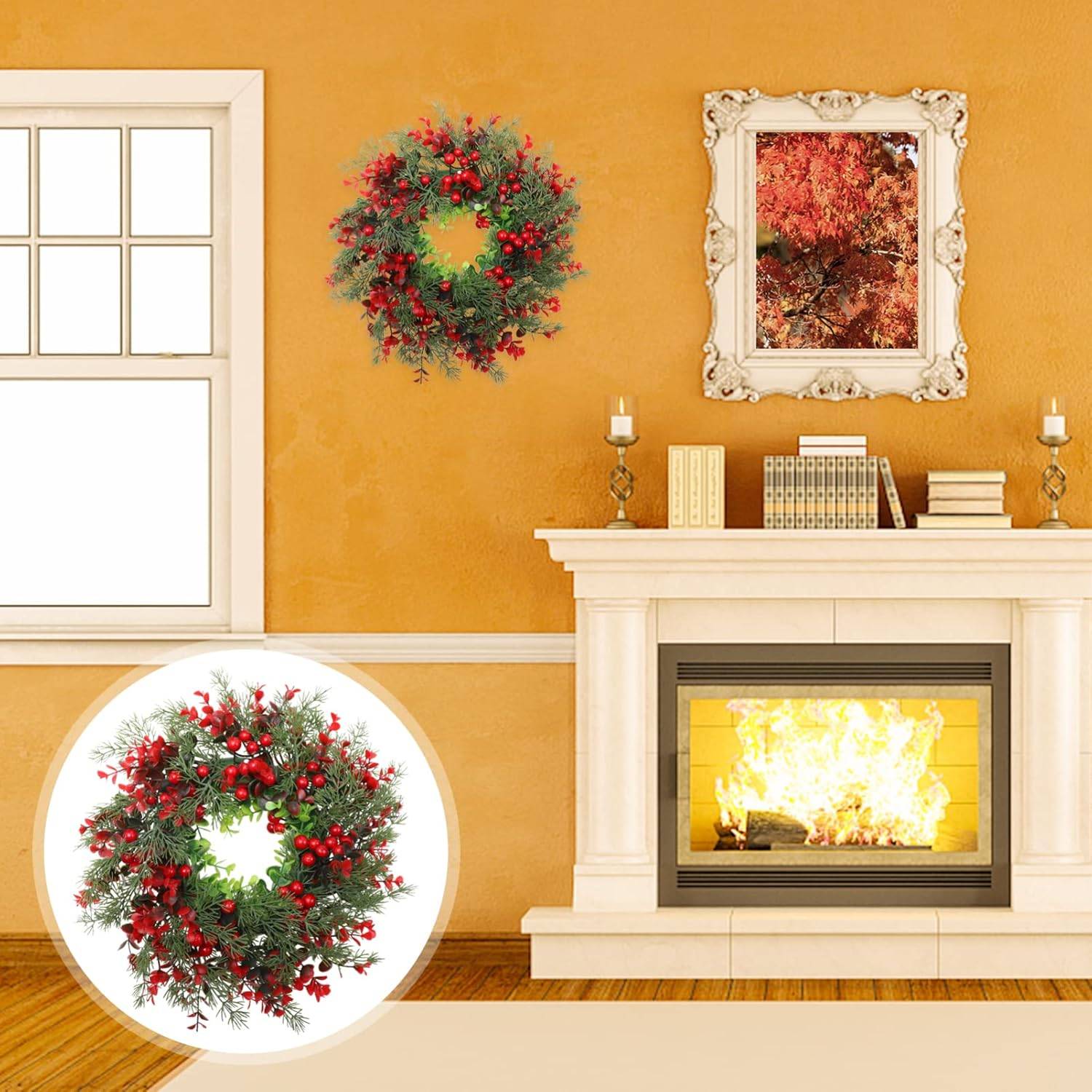Décoration Murale de Noël - Couronne Artificielle DIY 45cm aux Baies Rouges - Pour Porte, Mur, Intérieur/Extérieur, Bureau et Fête Thématique - Image 4