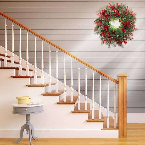 Décoration Murale de Noël - Couronne Artificielle DIY 45cm aux Baies Rouges - Pour Porte, Mur, Intérieur/Extérieur, Bureau et Fête Thématique - Image 5