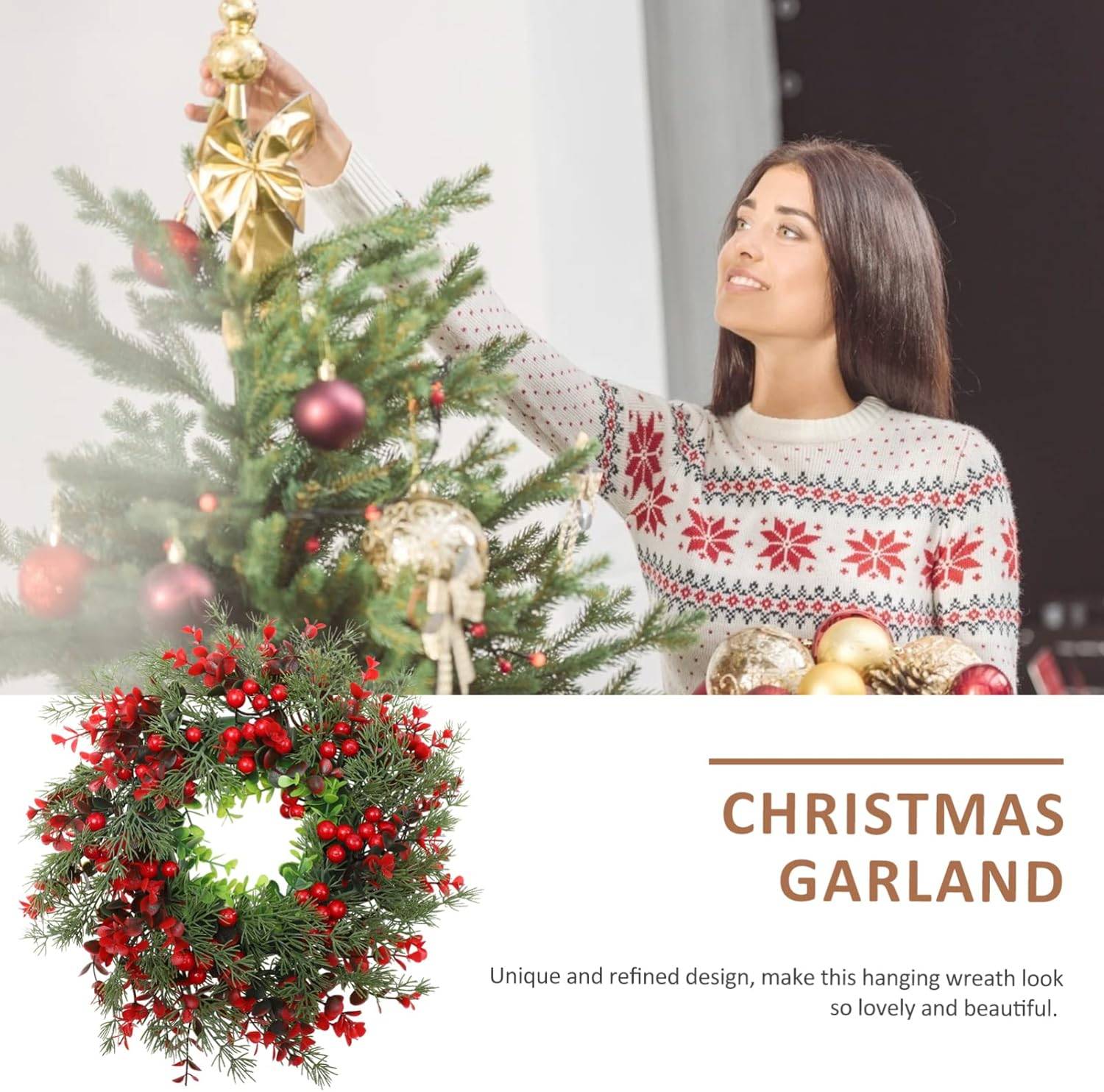 Décoration Murale de Noël - Couronne Artificielle DIY 45cm aux Baies Rouges - Pour Porte, Mur, Intérieur/Extérieur, Bureau et Fête Thématique - Image 6