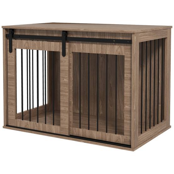 Cage pour chien intérieur type meuble 98 x 58 x 61 cm acier et bois aggloméré coloris noyer et noir - PANGIVO - Image 1