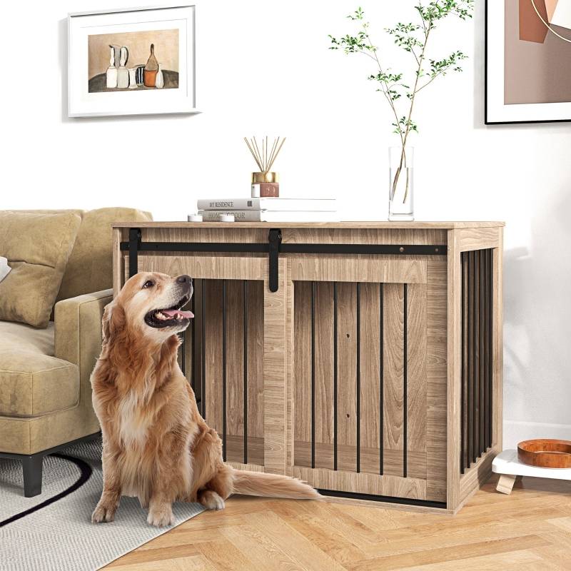 Cage pour chien intérieur type meuble 98 x 58 x 61 cm acier et bois aggloméré coloris noyer et noir - PANGIVO - Image 2