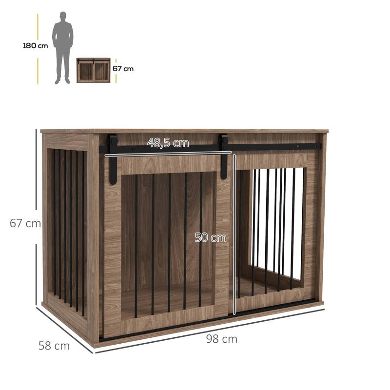 Cage pour chien intérieur type meuble 98 x 58 x 61 cm acier et bois aggloméré coloris noyer et noir - PANGIVO - Image 3