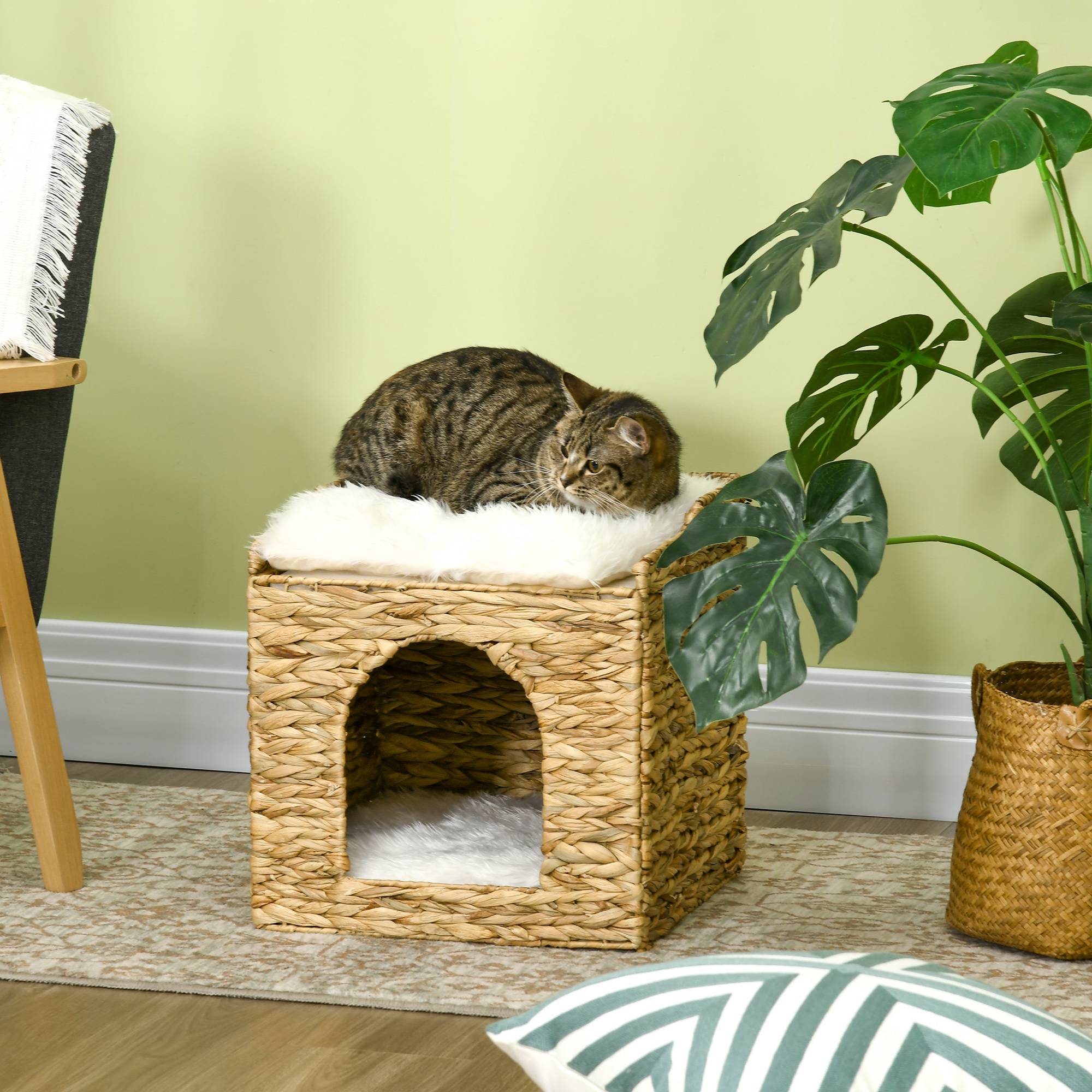 Sans Marque - Grotte pour chat en jacinthe d'eau, 2 espaces de repos, 2 coussins lavables, naturel et blanc - Image 4