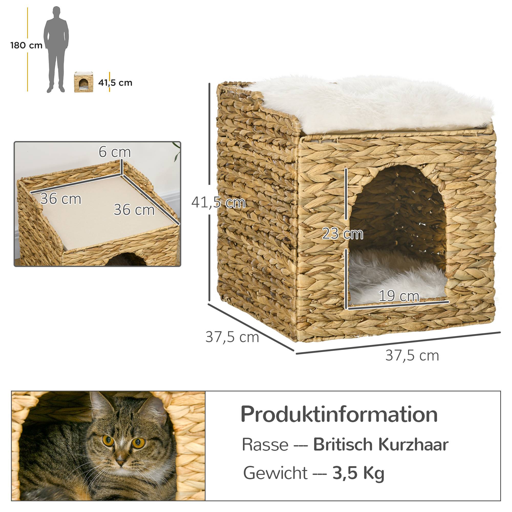 Sans Marque - Grotte pour chat en jacinthe d'eau, 2 espaces de repos, 2 coussins lavables, naturel et blanc - Image 5