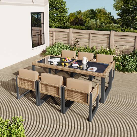 Salle à manger jardin polyrotin 6 places, fauteuils, housses amovibles lavables, marron - Image 7