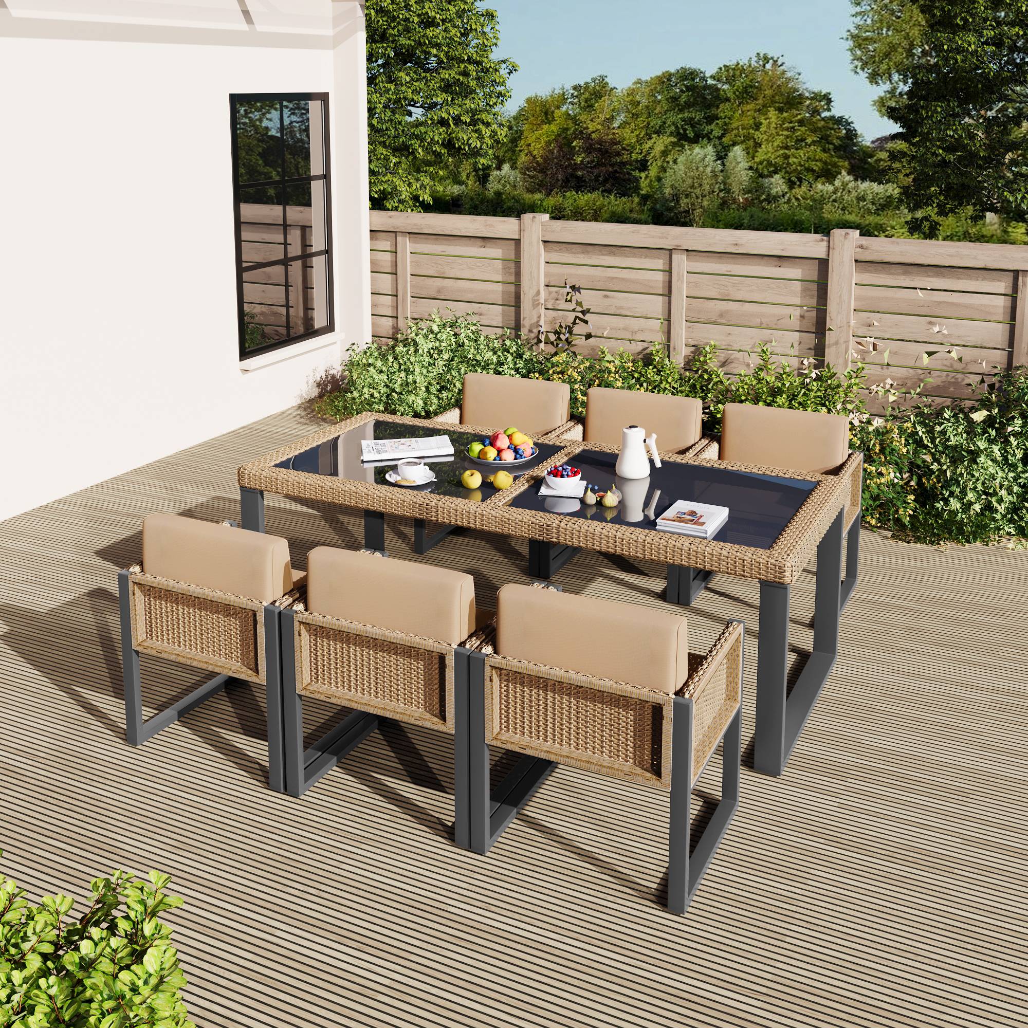 Salle à manger jardin polyrotin 6 places, fauteuils, housses amovibles lavables, marron - Image 7
