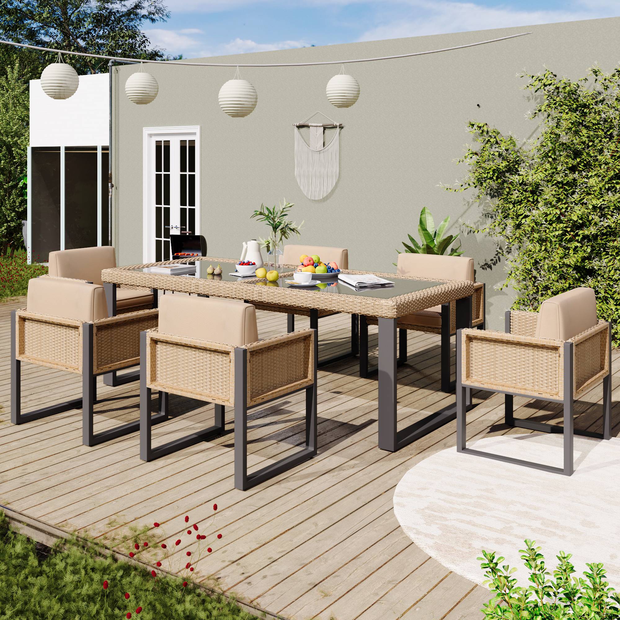Salle à manger jardin polyrotin 6 places, fauteuils, housses amovibles lavables, marron - Image 9