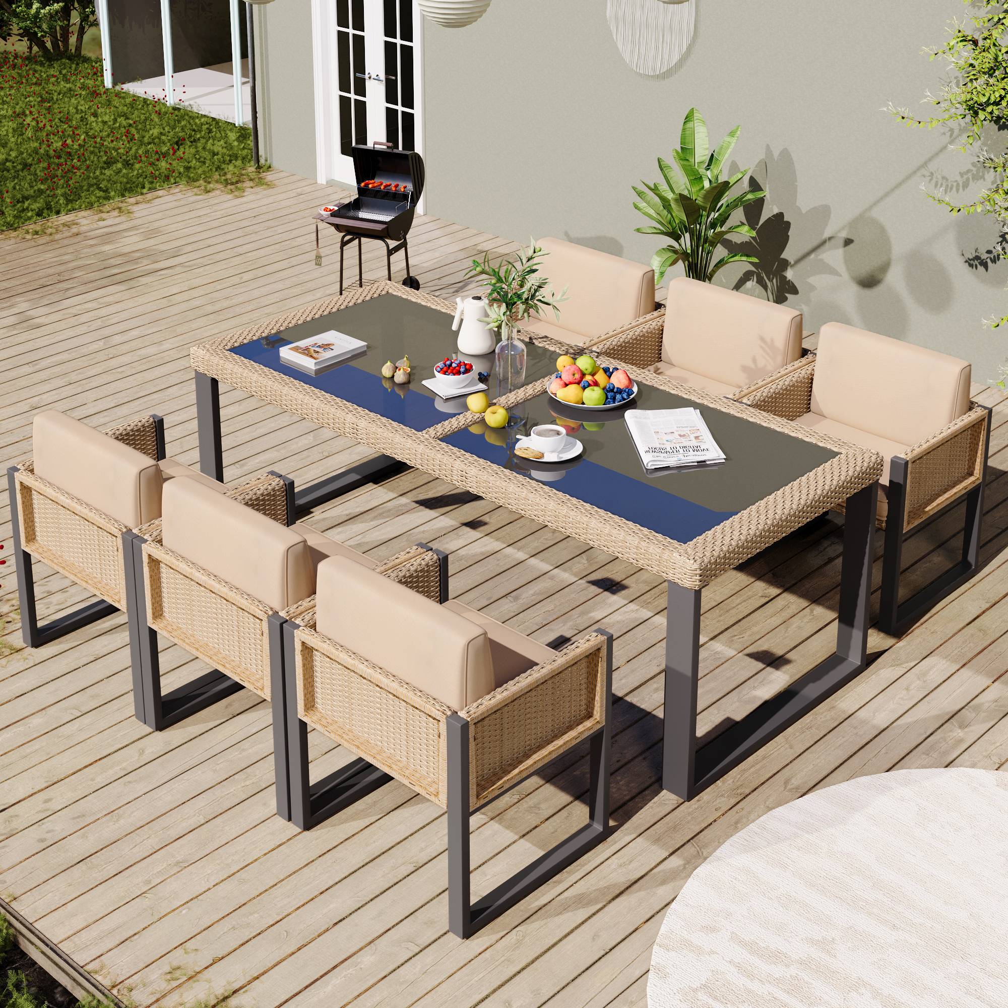 Salle à manger jardin polyrotin 6 places, fauteuils, housses amovibles lavables, marron - Image 8