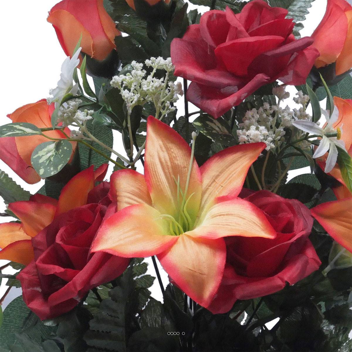 Artificielles - Jardinière fleurs Rose, Bouton de rose, Lys tigré et Ficus Rouge artificiels pour la Toussaint - couleur: Rouge - Imagen 3