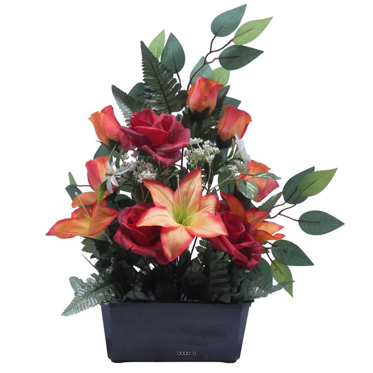 Artificielles - Jardinière fleurs Rose, Bouton de rose, Lys tigré et Ficus Rouge artificiels pour la Toussaint - couleur: Rouge - Imagen 2
