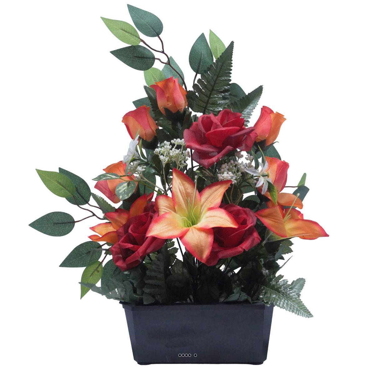Artificielles - Jardinière fleurs Rose, Bouton de rose, Lys tigré et Ficus Rouge artificiels pour la Toussaint - couleur: Rouge - Imagen 1