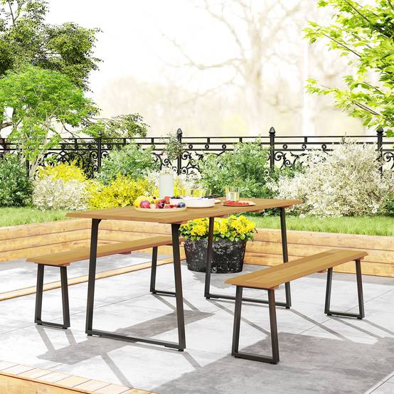 Salon de jardin bois 3 pièces : table à manger + 2 bancs, trou parasol, 178x76x77 cm, bois naturel - Image 9