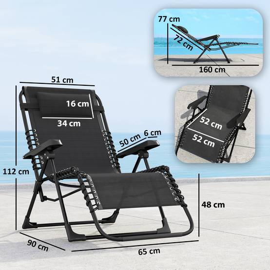Lot de 2 bain de soleil, chaise longue pliante inclinable avec appuie-tête, 90x65x112cm Noir fr77 - Image 5