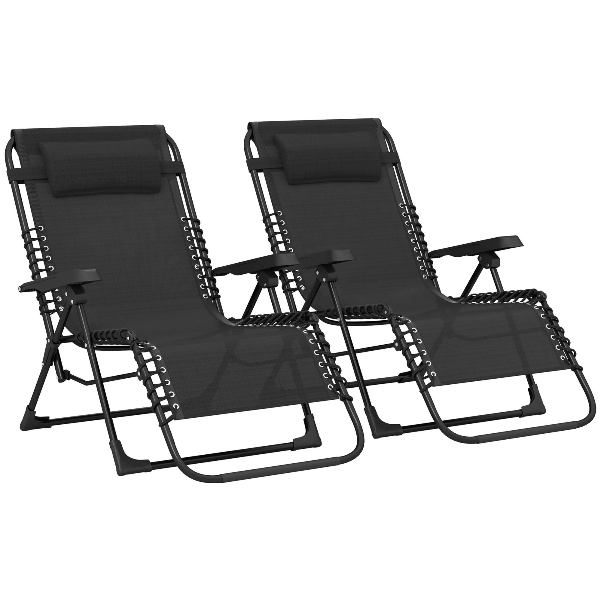 Lot de 2 bain de soleil, chaise longue pliante inclinable avec appuie-tête, 90x65x112cm Noir fr77