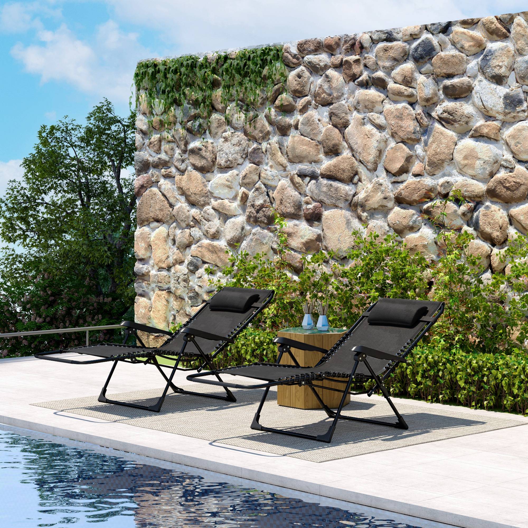 Lot de 2 bain de soleil, chaise longue pliante inclinable avec appuie-tête, 90x65x112cm Noir fr77 - Image 4