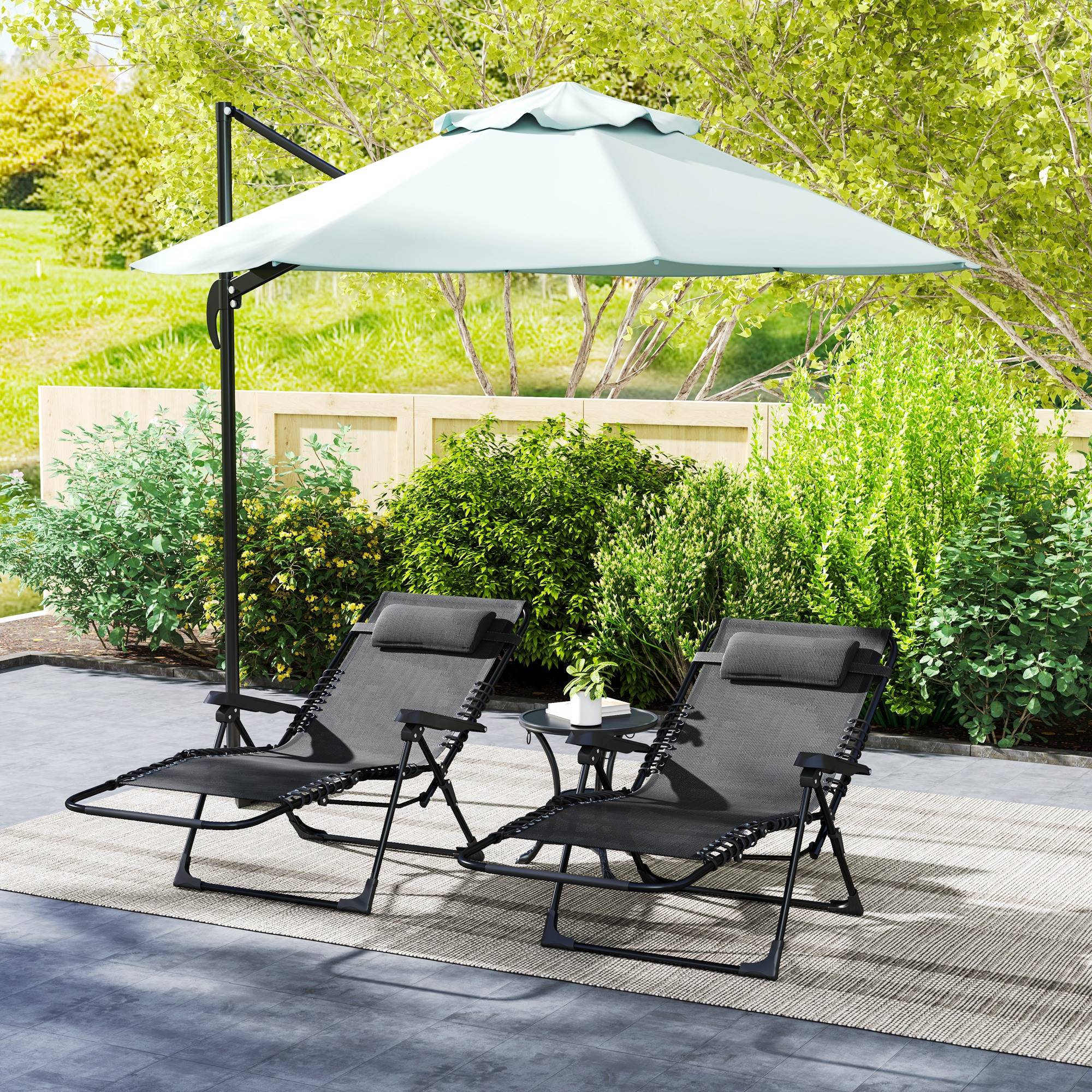 Lot de 2 bain de soleil, chaise longue pliante inclinable avec appuie-tête, 90x65x112cm Noir fr77 - Image 3