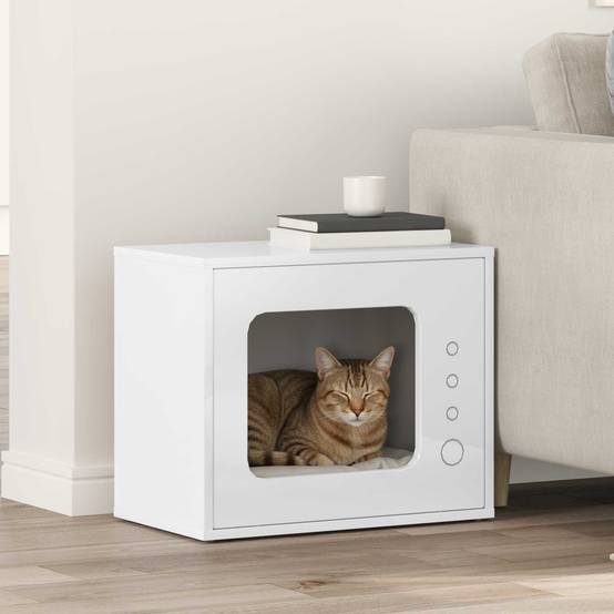 Maison Chat Laquée Bois Brillant Repos Blanc 51cm pour Chat Lumineux - ComfortXL Outdoor Living - Image 1
