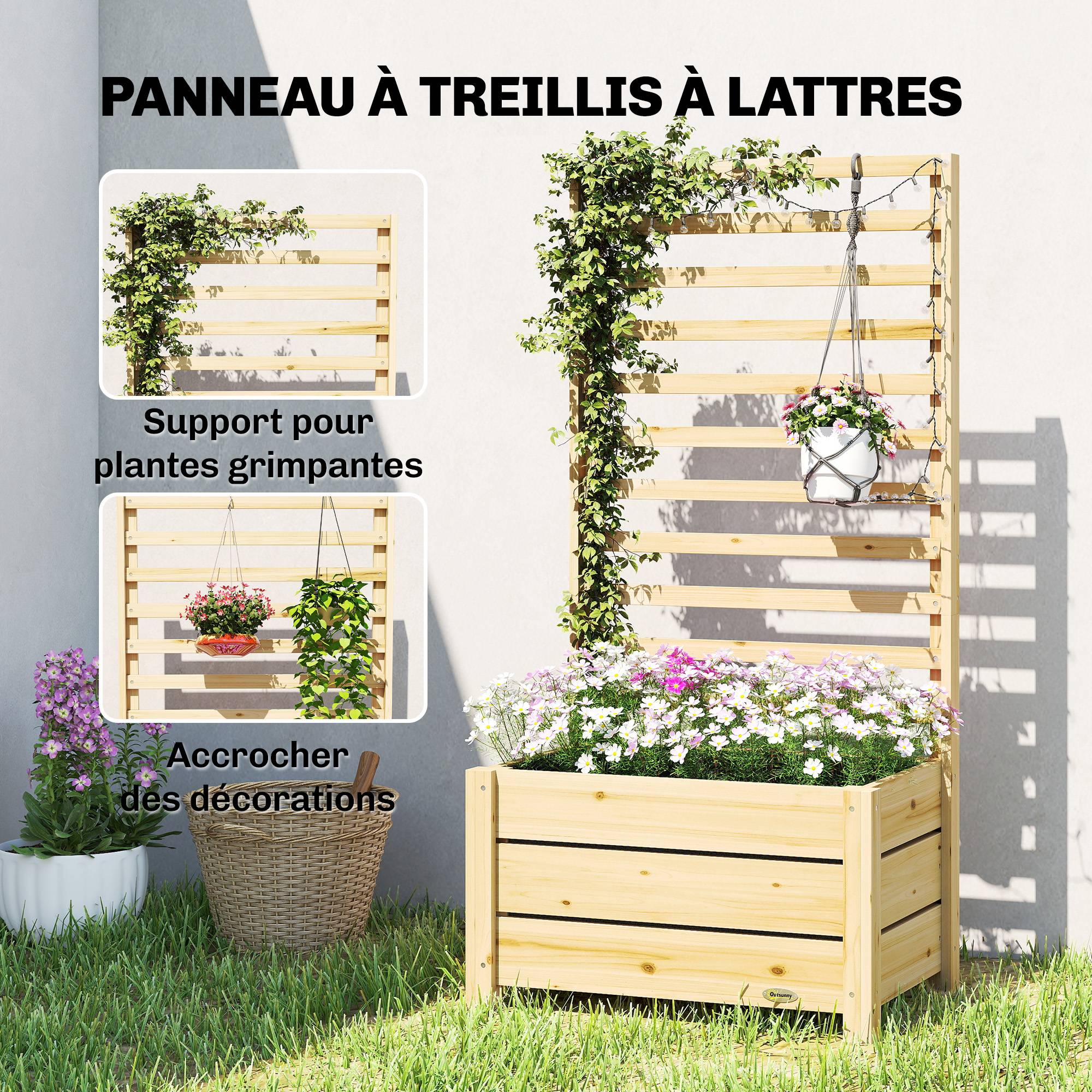 Jardinière avec treilli bois naturel 60 x 39 x 120 cm - PANGIVO - Image 6
