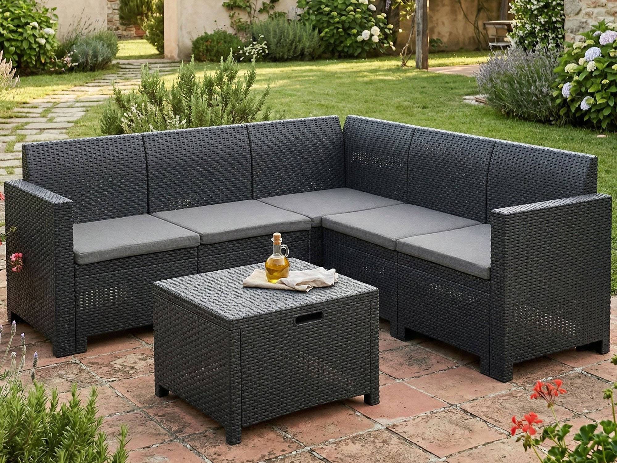 Dmora - Ensemble de salon d'extérieur Dcorre, Ensemble de jardin avec coussins, Ensemble de salon d'intérieur effet rotin, Anthracite - Dmora - Imagen 6