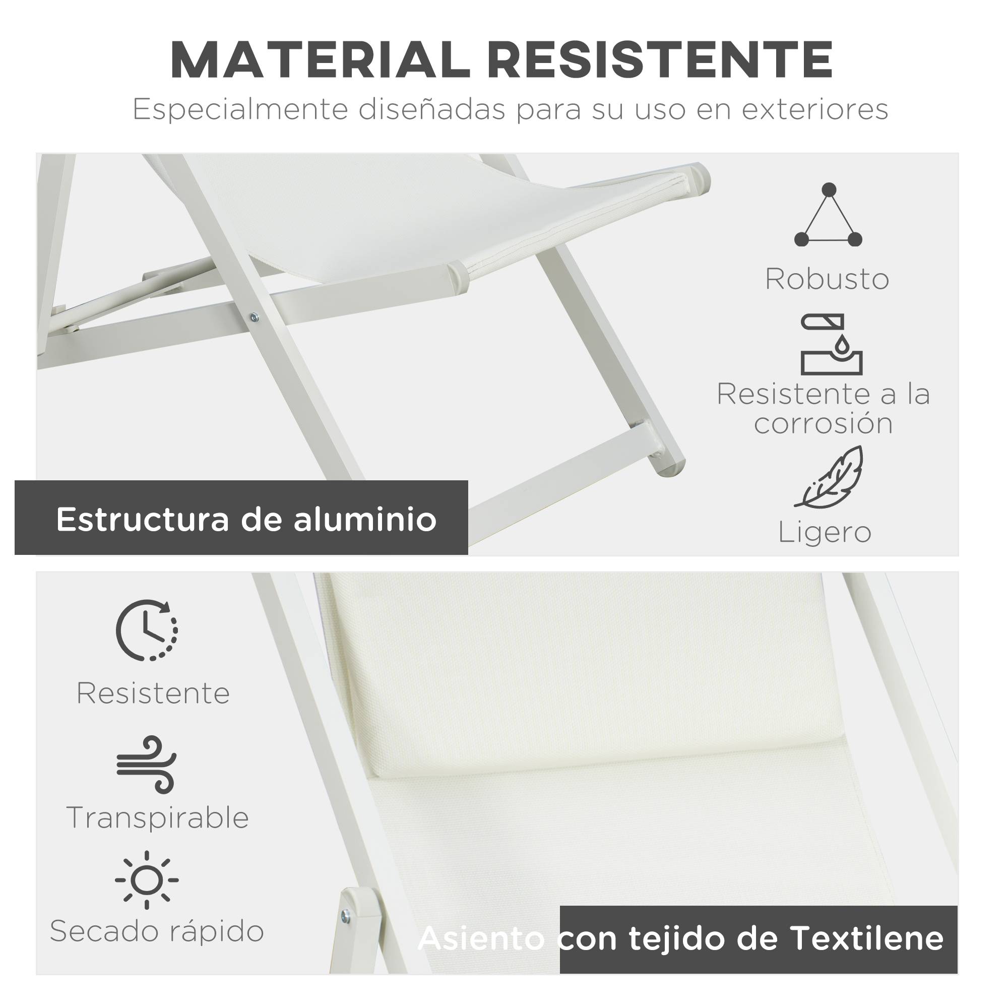 Ensemble de 2 chaises longues pliantes en aluminium avec dossier et appui-tête réglables sur 5 positions, 60 x 100 x 85 cm, blanc - Image 8