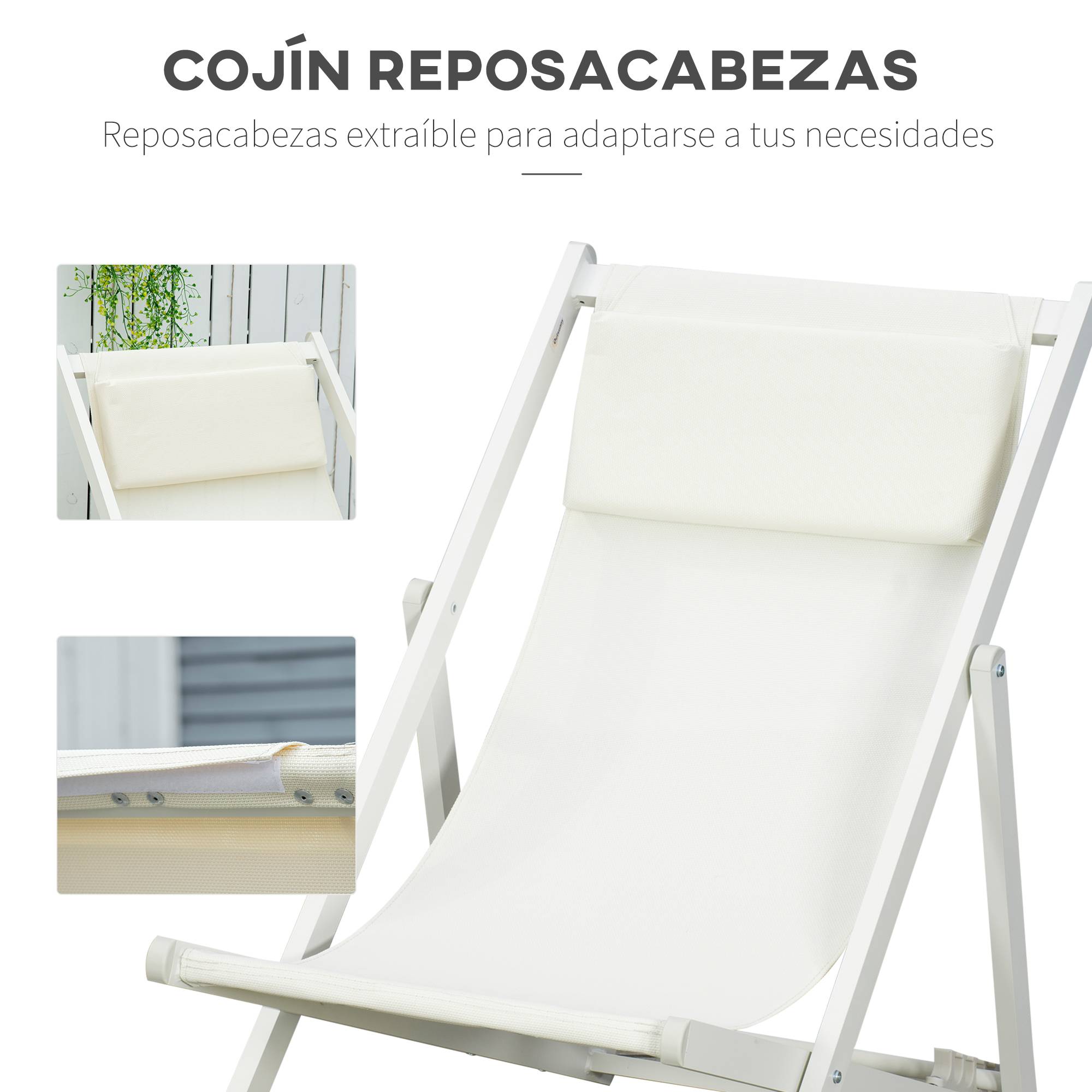 Ensemble de 2 chaises longues pliantes en aluminium avec dossier et appui-tête réglables sur 5 positions, 60 x 100 x 85 cm, blanc - Image 9