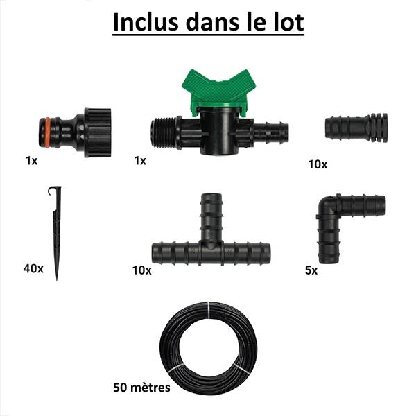 Huggy Tuyaux - Kit complet d'arrosage goutte-à-goutte avec tuyau de 50 mètres - HUGGY TUYAUX - Imagen 2