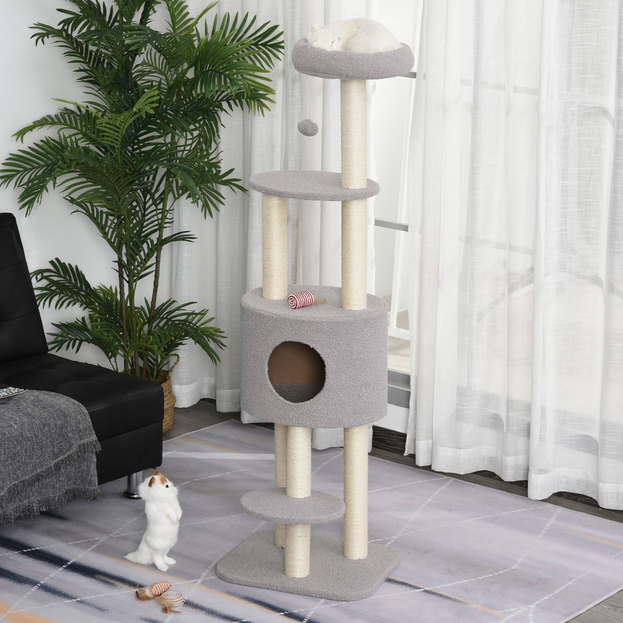 Pawhut - PawHut Arbre à Chats avec Griffoir Niche Poteaux Peluche Haute Densité 45L x 40L x 148H cm Gris - Imagen 2