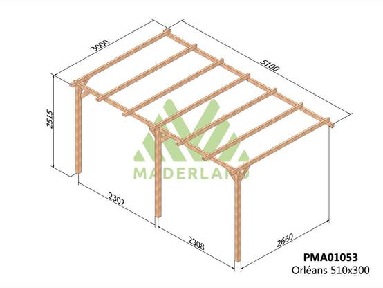 Pergola adossée en bois massif Orléans 510 x 300 cm + 3 supports surélevés - Maderland - Image 2