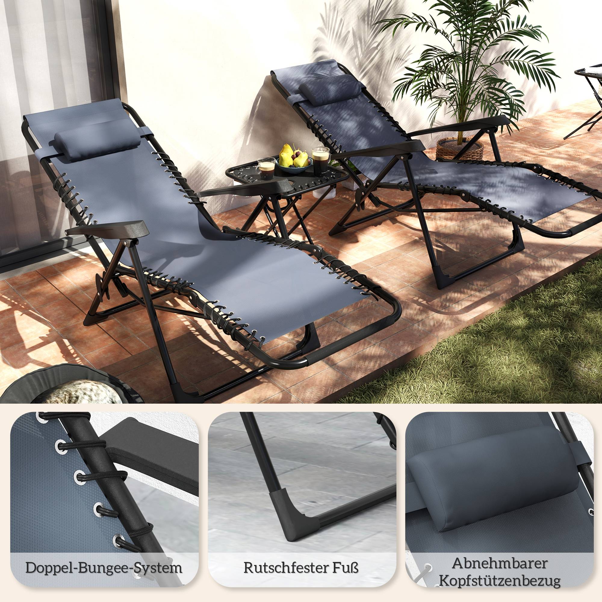 Lot 2 Bains de Soleil Acier Jardin Terrasse Zéro Gravité Avec Table 90x65cm Gris - ComfortXL Outdoor Living - Image 10