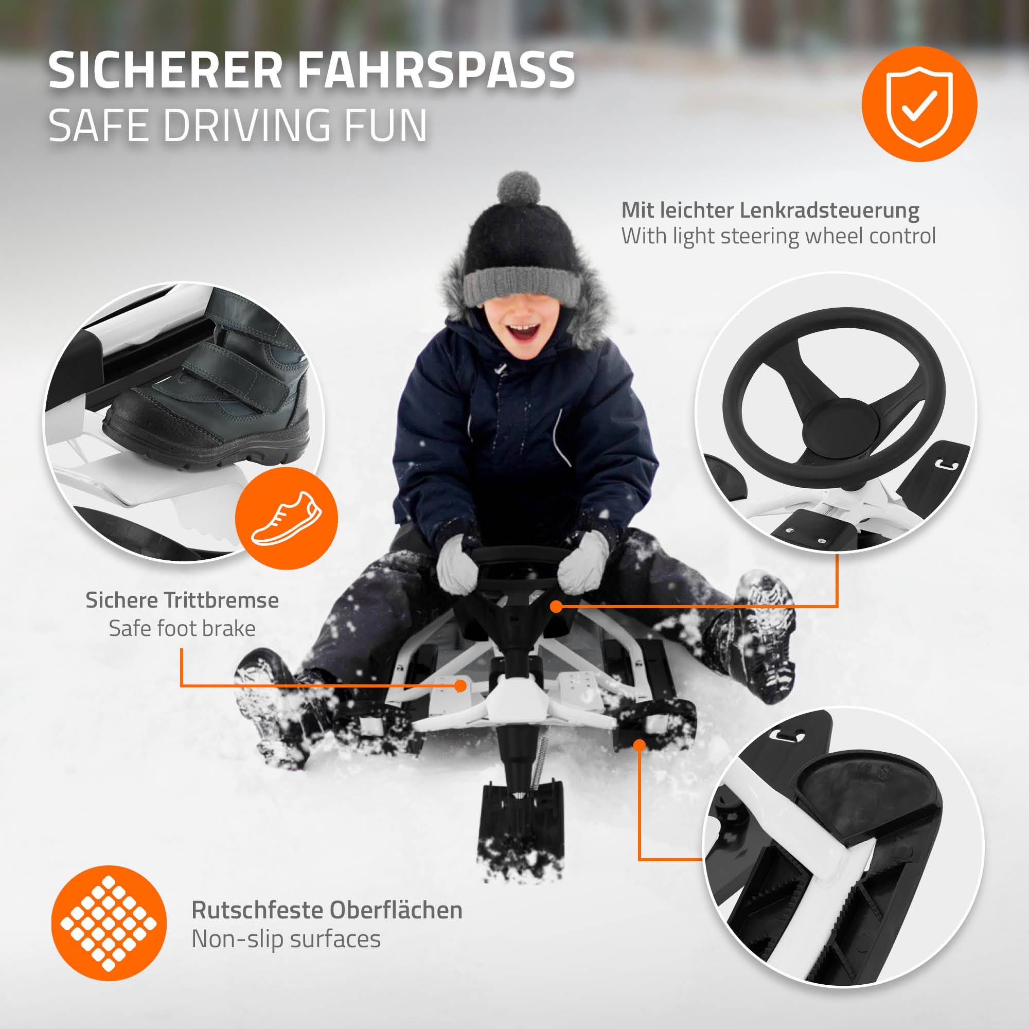 Luge à neige Noir Blanc 119x38x50cm pour enfants et adultes jusqu'à 90 kg avec volant frein à pied corde de traction siège avec dossier cadre en acier - Image 4