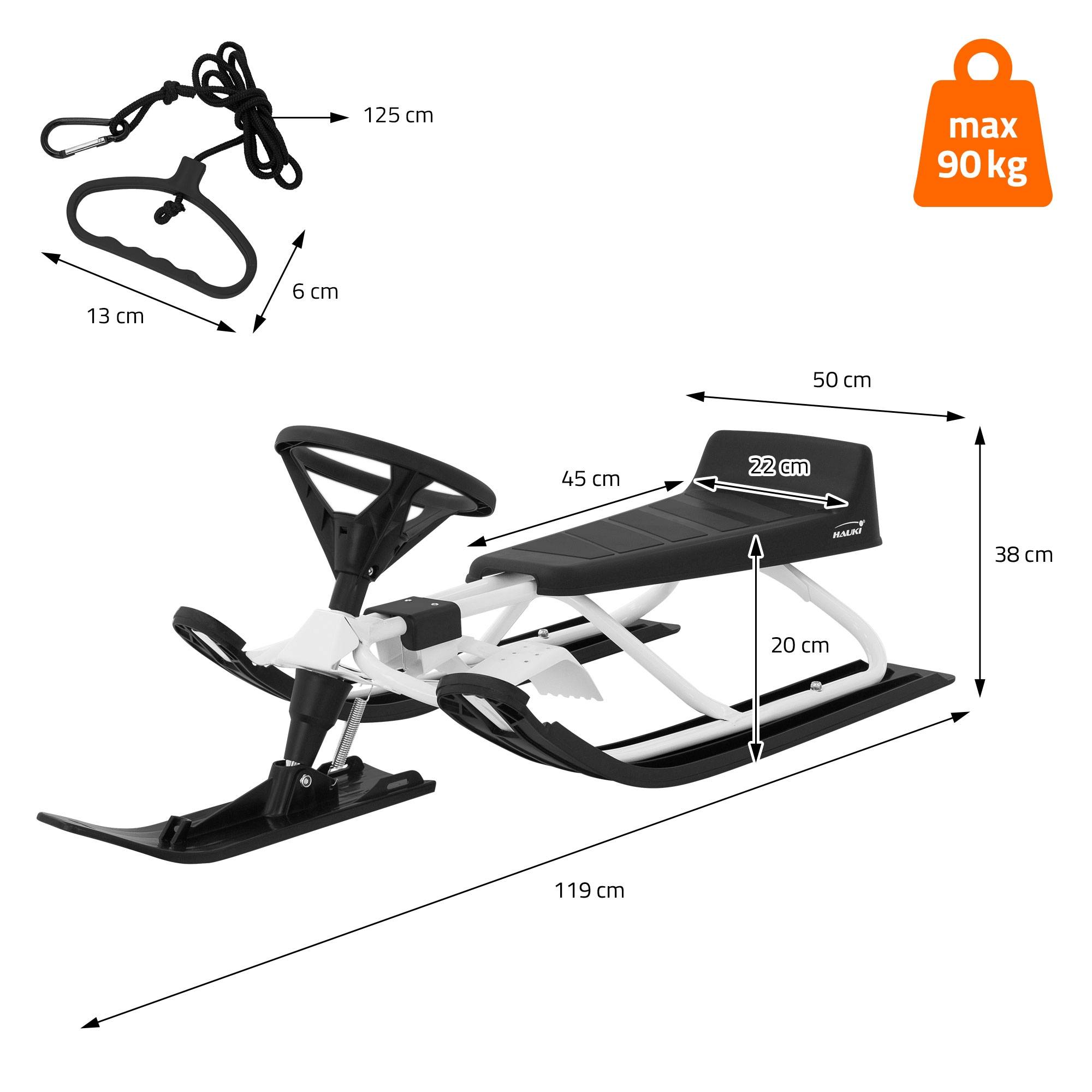 Luge à neige Noir Blanc 119x38x50cm pour enfants et adultes jusqu'à 90 kg avec volant frein à pied corde de traction siège avec dossier cadre en acier - Image 7