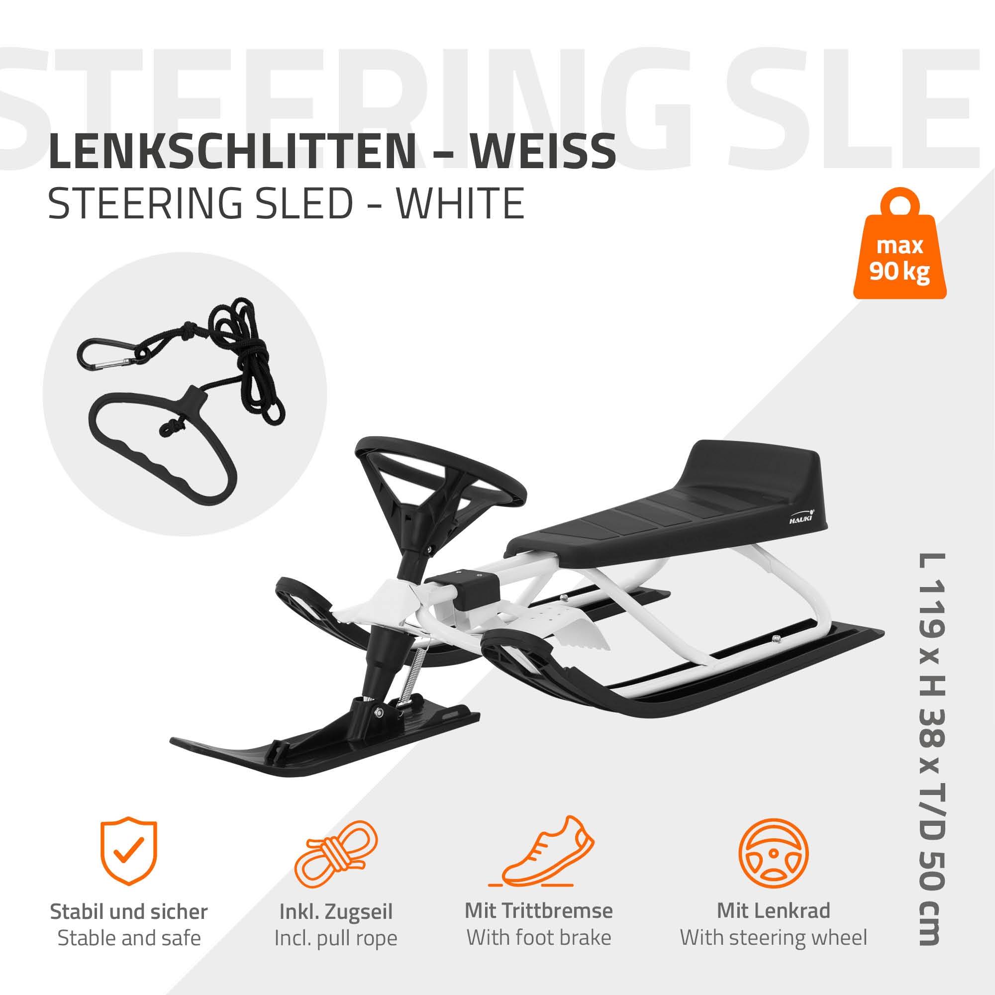 Luge à neige Noir Blanc 119x38x50cm pour enfants et adultes jusqu'à 90 kg avec volant frein à pied corde de traction siège avec dossier cadre en acier - Image 2