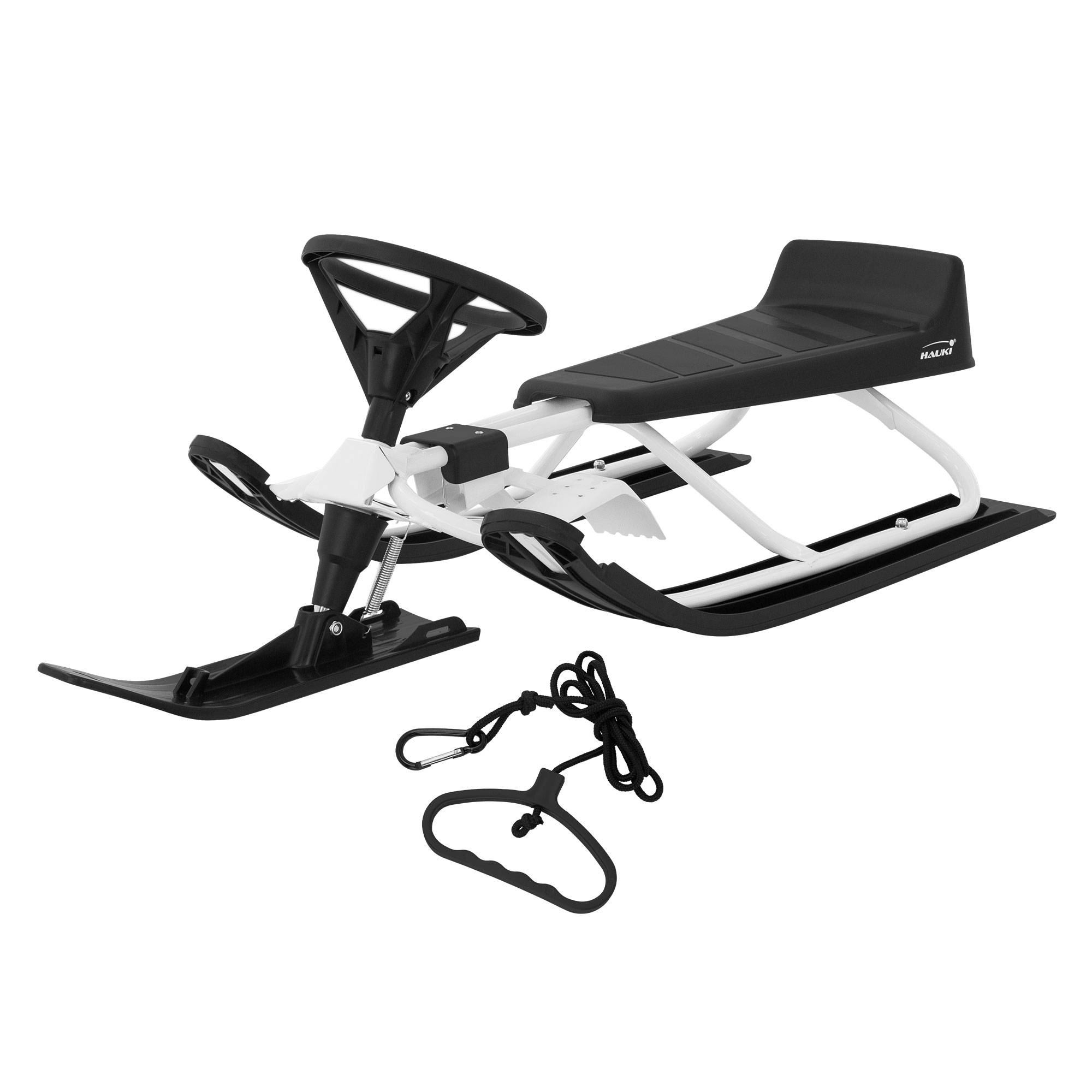 Luge à neige Noir Blanc 119x38x50cm pour enfants et adultes jusqu'à 90 kg avec volant frein à pied corde de traction siège avec dossier cadre en acier - Image 1