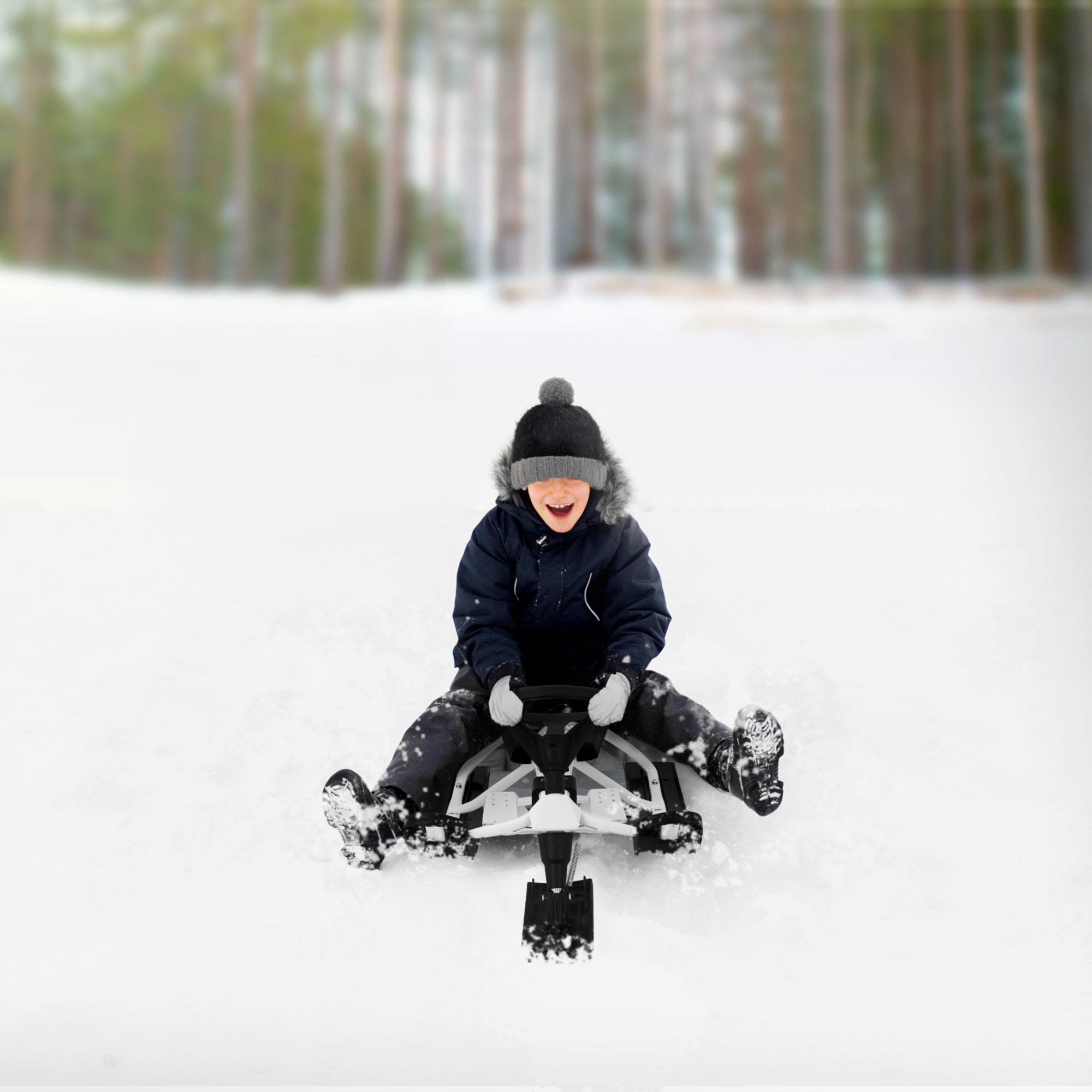 Luge à neige Noir Blanc 119x38x50cm pour enfants et adultes jusqu'à 90 kg avec volant frein à pied corde de traction siège avec dossier cadre en acier - Image 8