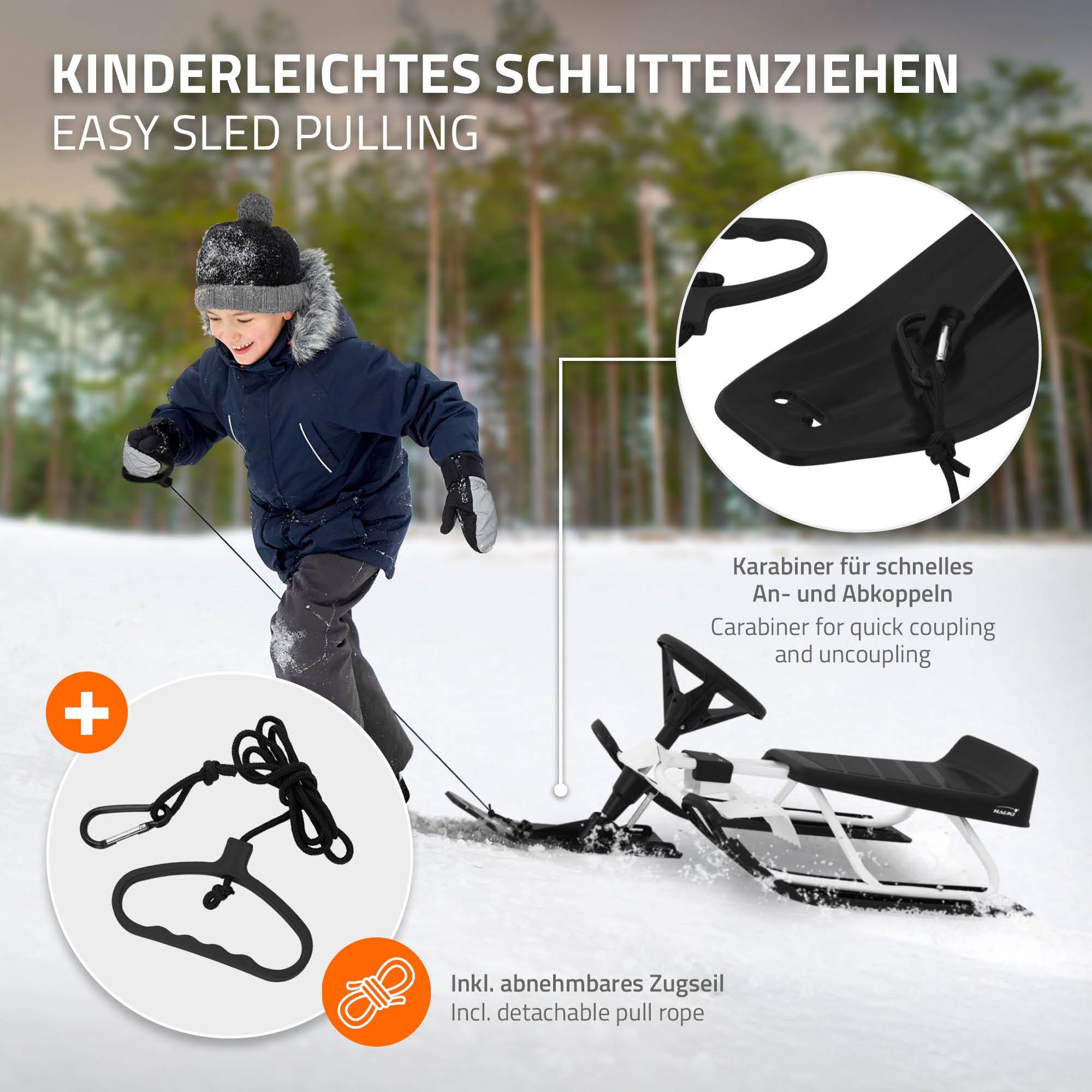 Luge à neige Noir Blanc 119x38x50cm pour enfants et adultes jusqu'à 90 kg avec volant frein à pied corde de traction siège avec dossier cadre en acier - Image 5