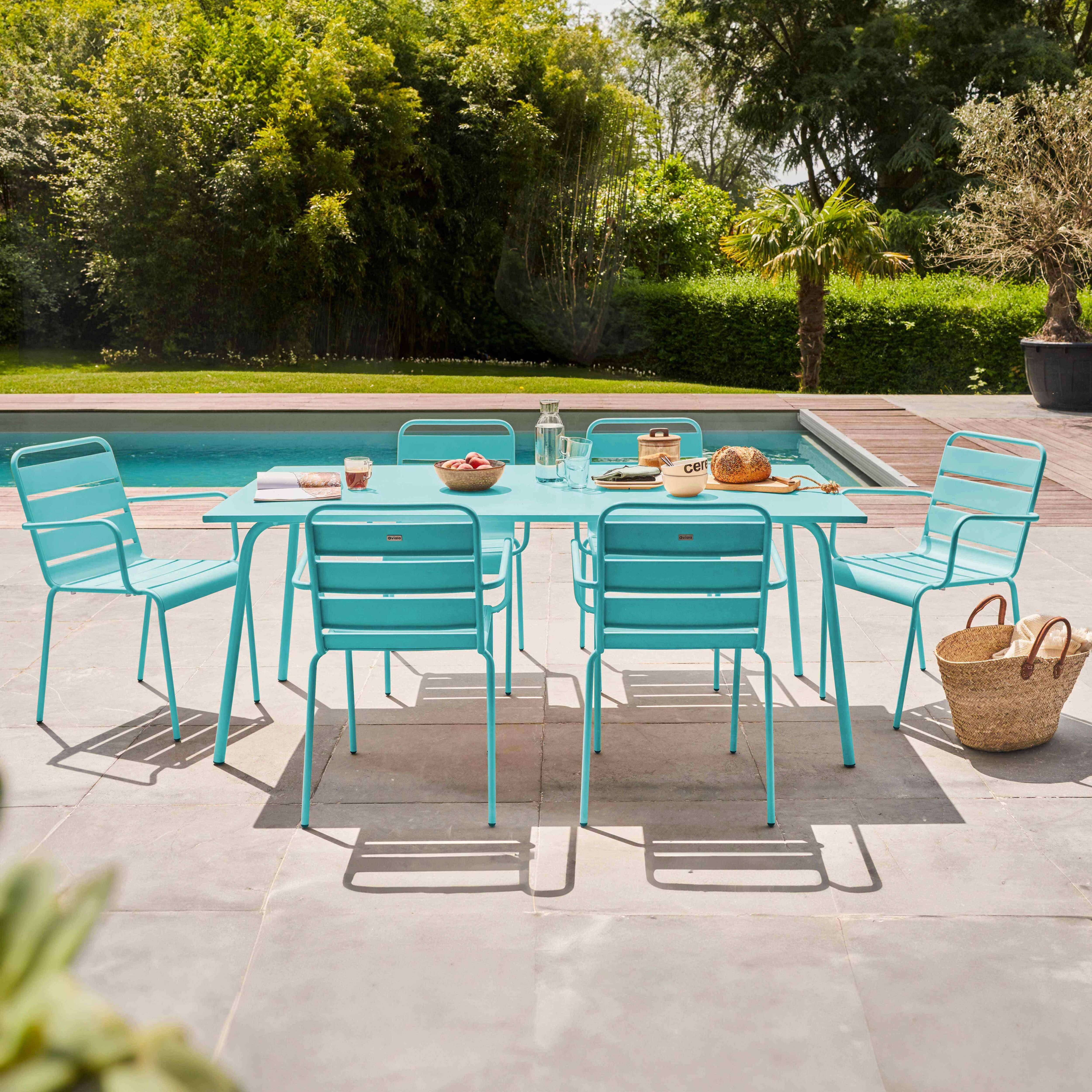 Oviala - Ensemble table de jardin et 6 fauteuils en métal turquoise Palavas - Oviala - Imagen 2