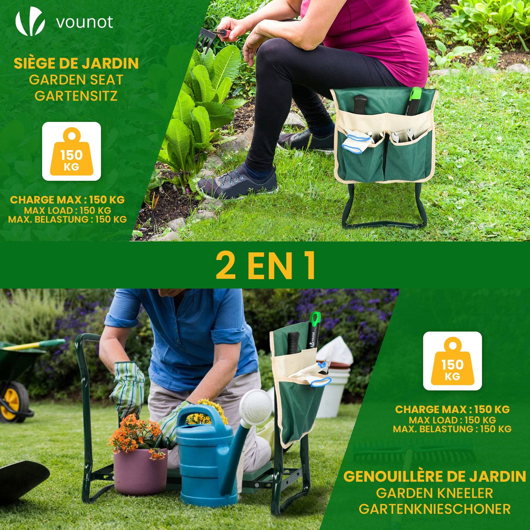 Agenouilloir tabouret de jardin 2 en 1 avec pochette de rangement EVA vert - Image 2