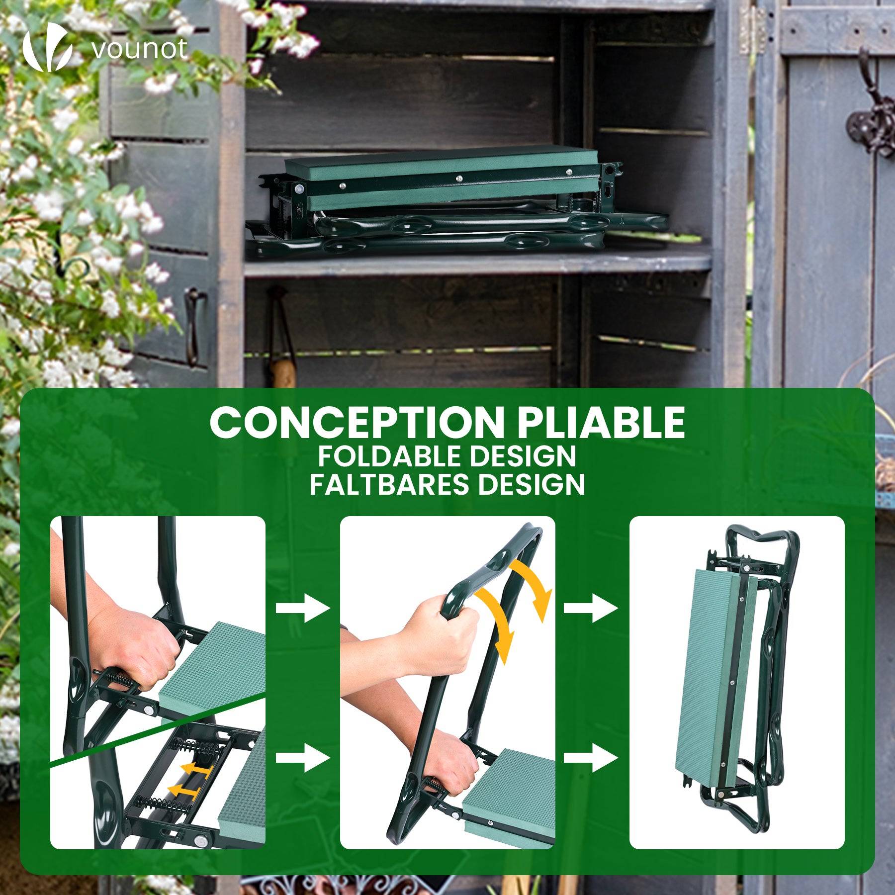 Agenouilloir tabouret de jardin 2 en 1 avec pochette de rangement EVA vert - Image 6