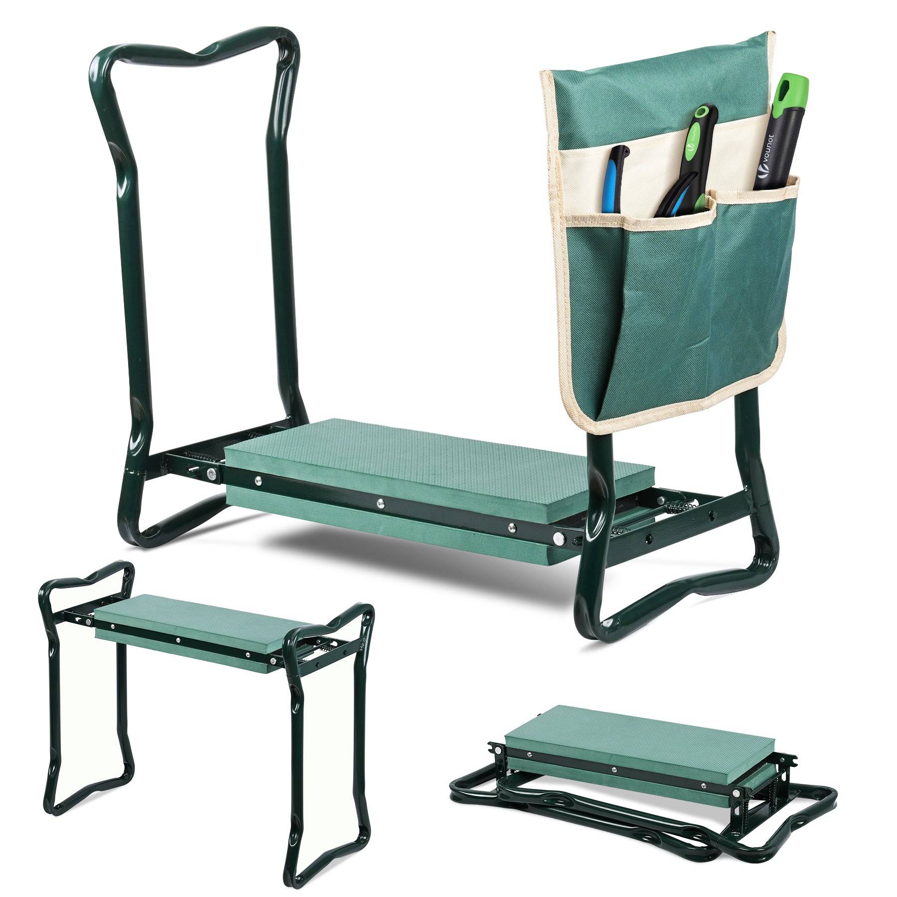 Agenouilloir tabouret de jardin 2 en 1 avec pochette de rangement EVA vert - Image 1