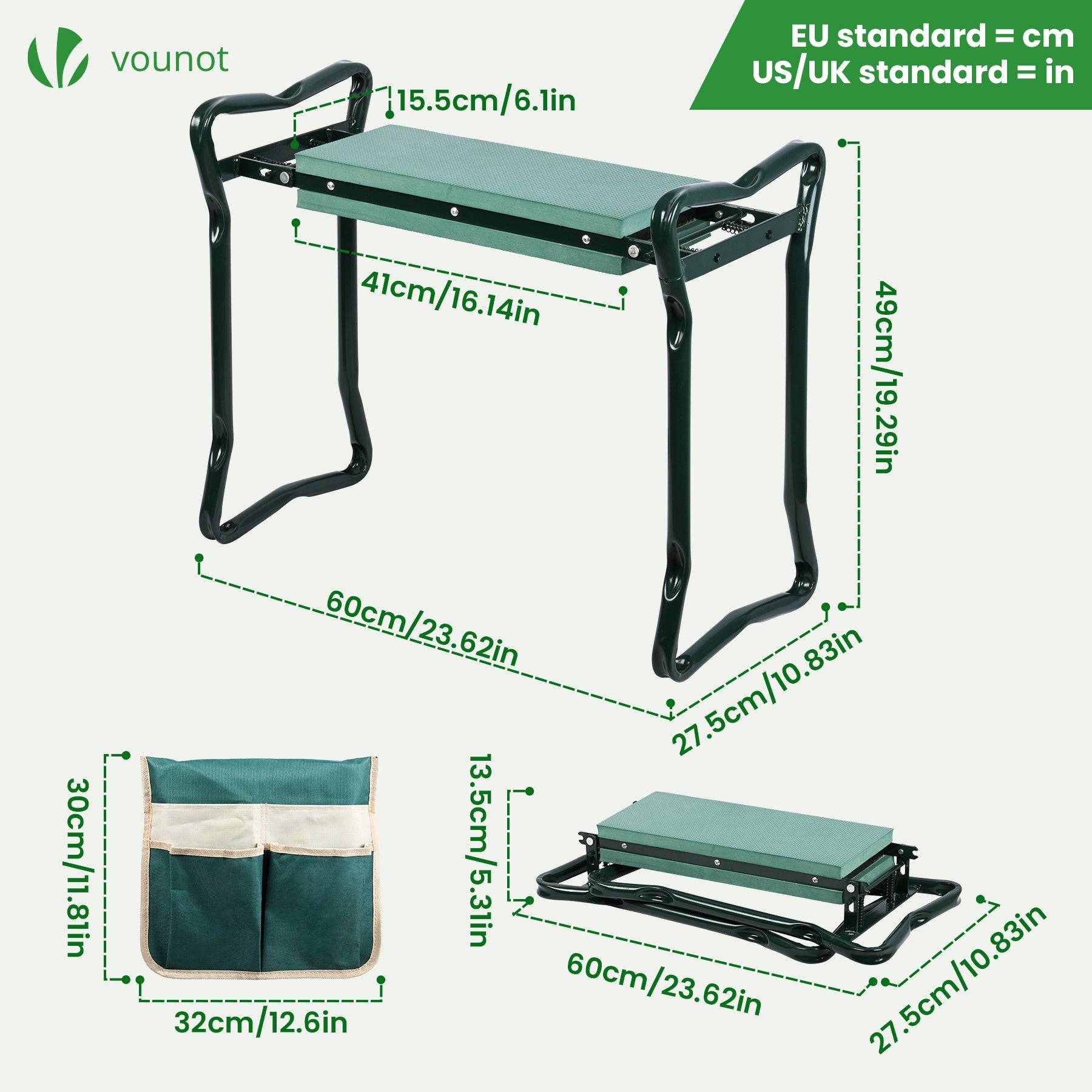 Agenouilloir tabouret de jardin 2 en 1 avec pochette de rangement EVA vert - Image 3